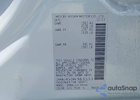 2024 Nissan Altima Sr Fwd z USA, uszkodzony, nr VIN 1N4BL4CV2RN363551